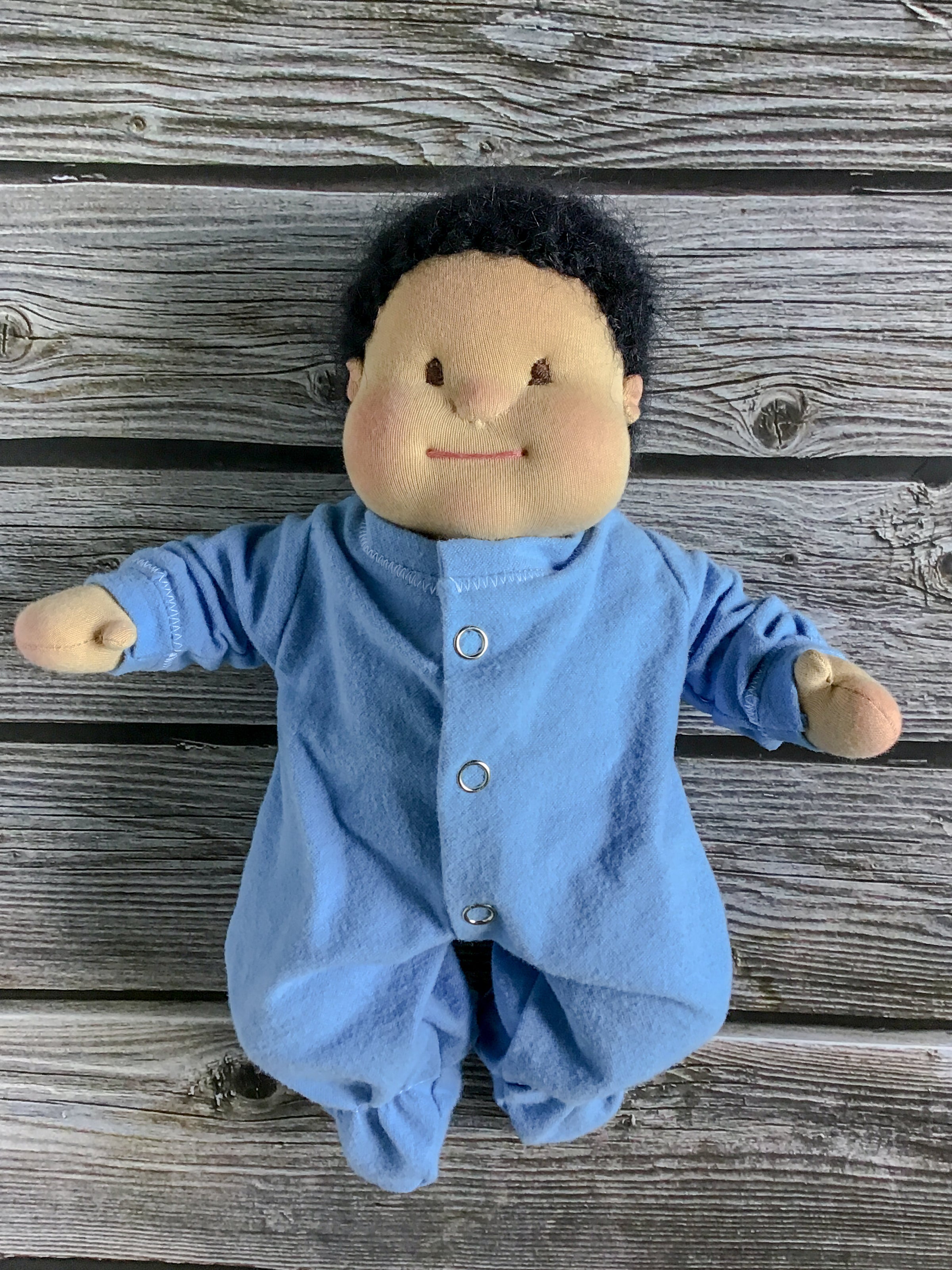 Waldorf Baby Doll Light Tan Skin Black Hair 12 inches 30.5 cm Dress Up Doll Open Ended Pretend Play Kids and Katydids